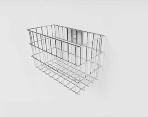 Chrome wire mesh basket mounted on a wall bracket rail against a white background