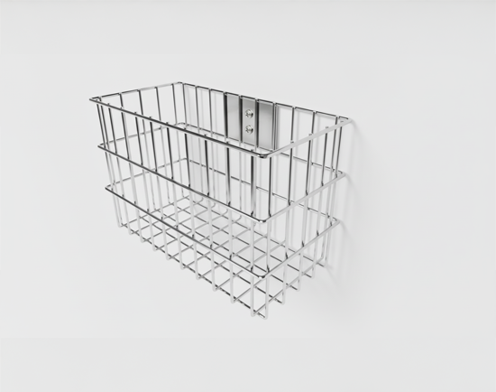 Chrome wire mesh basket mounted on a wall bracket rail against a white background