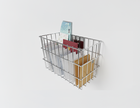Chrome wire mesh wall-mounted basket holding mail, books, and a cardboard package against a white background
