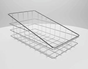 Two stacked chrome wire mesh trays with grid bases and low raised sides on a white surface