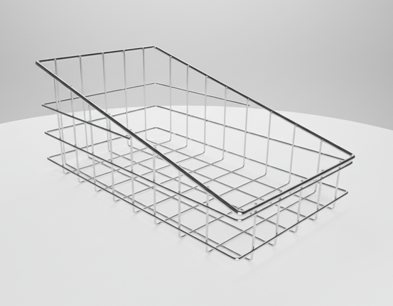 Two stacked chrome wire mesh trays with grid bases and low raised sides on a white surface
