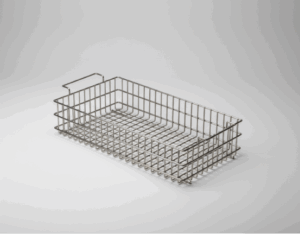 Rectangular stainless steel wire mesh basket with curved side handles on a light grey background