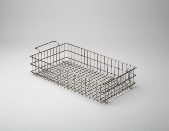 Rectangular stainless steel wire mesh basket with curved side handles on a light grey background