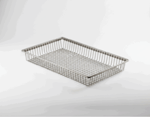 Shallow rectangular stainless steel wire mesh tray with low grid sides on a white background