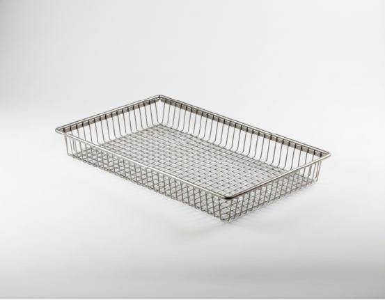 Shallow rectangular stainless steel wire mesh tray with low grid sides on a white background