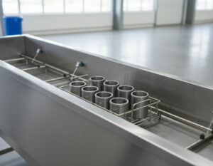 Stainless steel wire basket holding cylindrical metal parts submerged in an industrial cleaning or processing machine