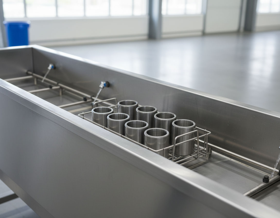 Stainless steel wire basket holding cylindrical metal parts submerged in an industrial cleaning or processing machine