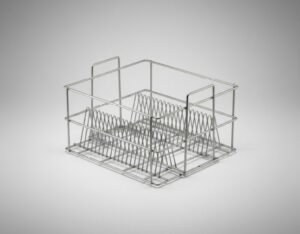 Stainless steel wire mesh basket with multiple internal plate dividers arranged in a grid pattern, on a grey gradient background