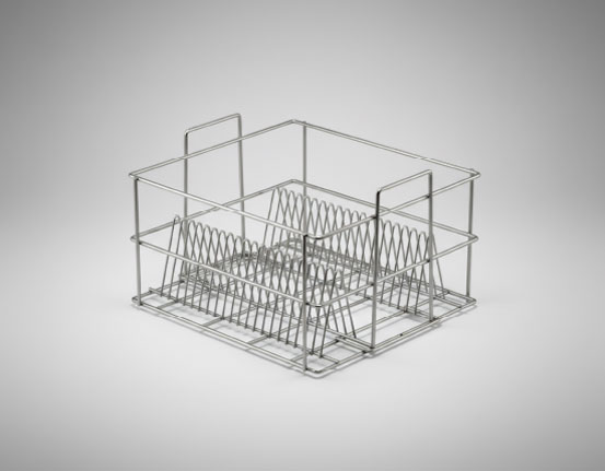 Stainless steel wire mesh basket with multiple internal plate dividers arranged in a grid pattern, on a grey gradient background