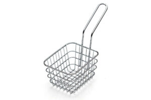 Small square chrome wire fry presentation basket with a loop handle on a white background
