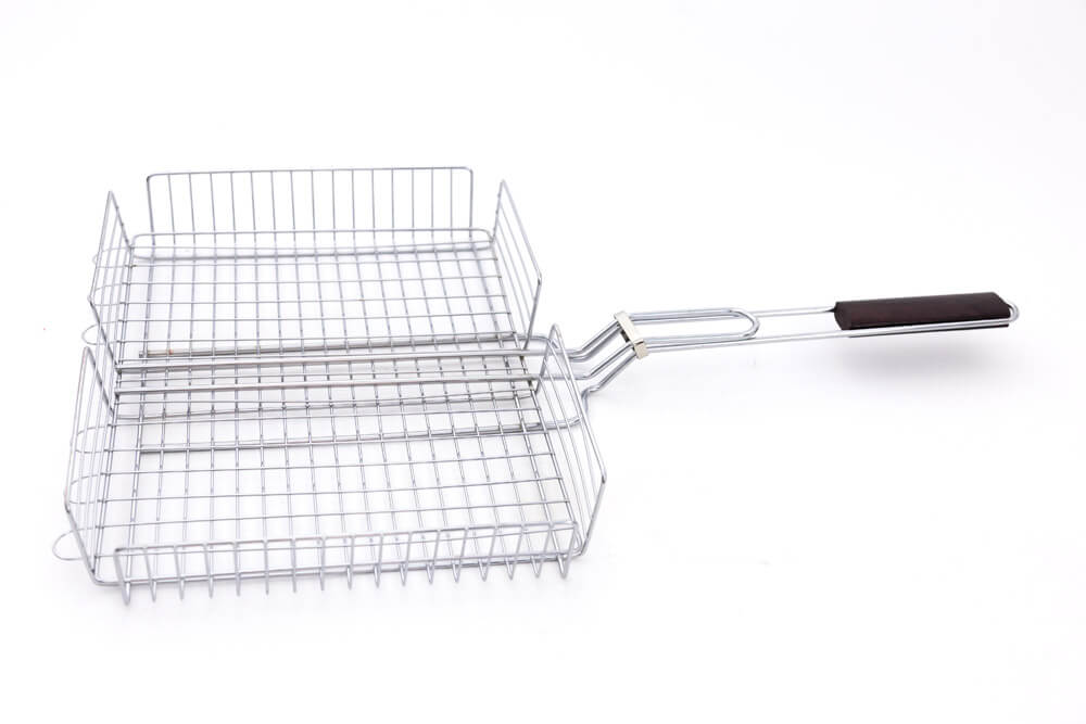 Chrome wire BBQ grilling basket with deep sides, centre divider, and dark wooden handle on a white background