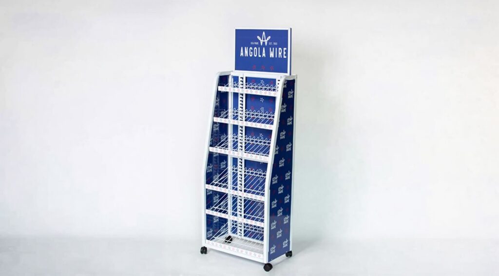 Custom Angola Wire wheeled retail display rack with branded side panels