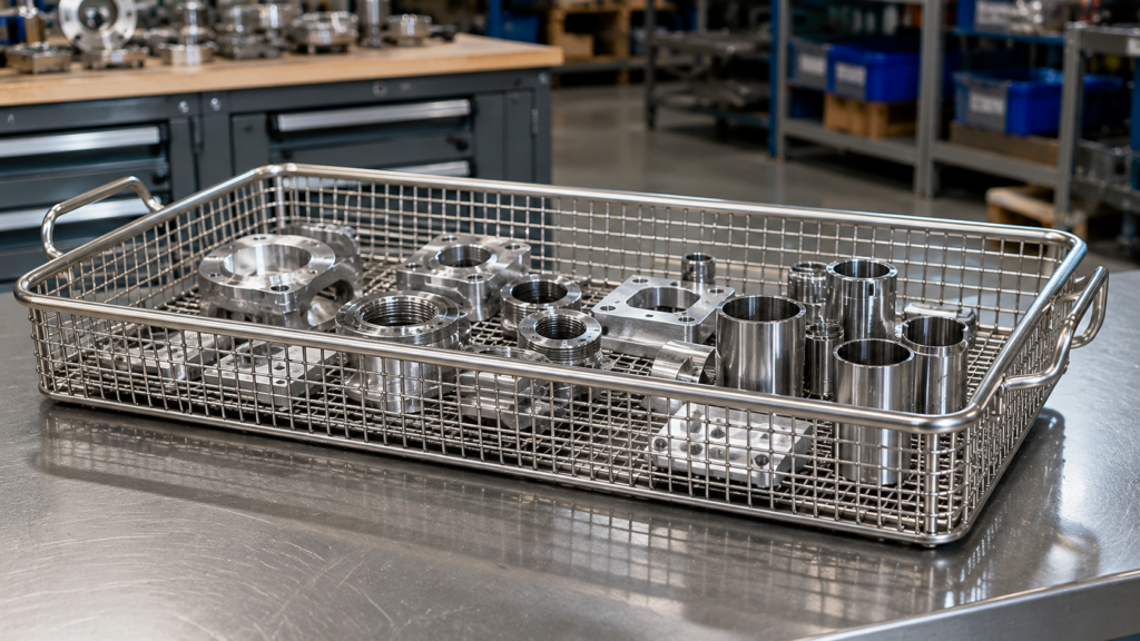custom stainless steel wire basket tray on an industrial workbench