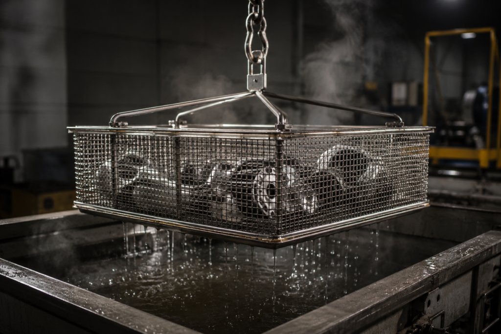 A rugged stainless steel wire immersion cleaning basket suspended by a hoist hook above an industrial dip tank