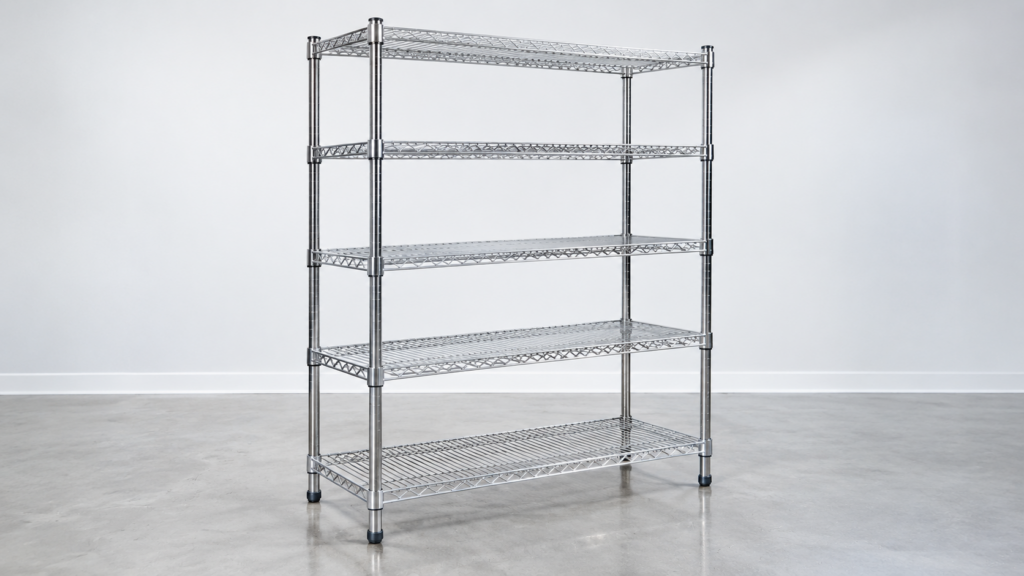 A single custom stainless steel shelving unit