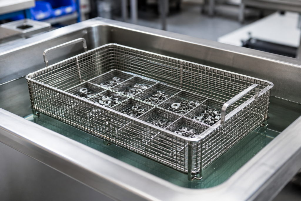 custom stainless steel ultrasonic cleaning basket with an open wire mesh grid pattern and reinforced welded frame