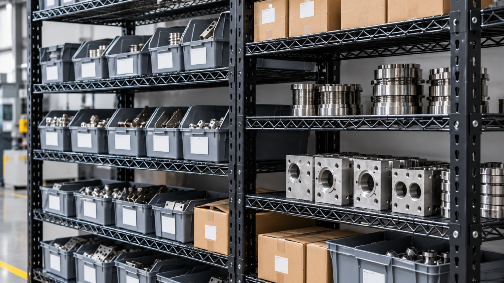 industrial wire shelving in warehouse